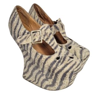 Jeffrey Campbell Zebra Print Mary Jane Platform Gravity Wedge Tee-Off Heels 7.5M